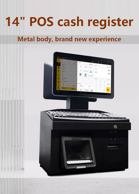 14 इंच डुअल टच स्क्रीन विंडोज7 पॉस कैश रजिस्टर आई3 सीपीयू 4+64 जीबी डेस्कटॉप पीओएस टर्मिनल प्रिंटर,कीबोर्ड,स्कैनर के साथ