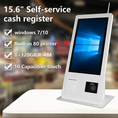 15.6" सेल्फ-सर्विस POS मशीन जिसमें Win 10 ऑपरेटिंग सिस्टम टच स्क्रीन स्कैनर प्रिंटर NFC QR कोड रीडर है